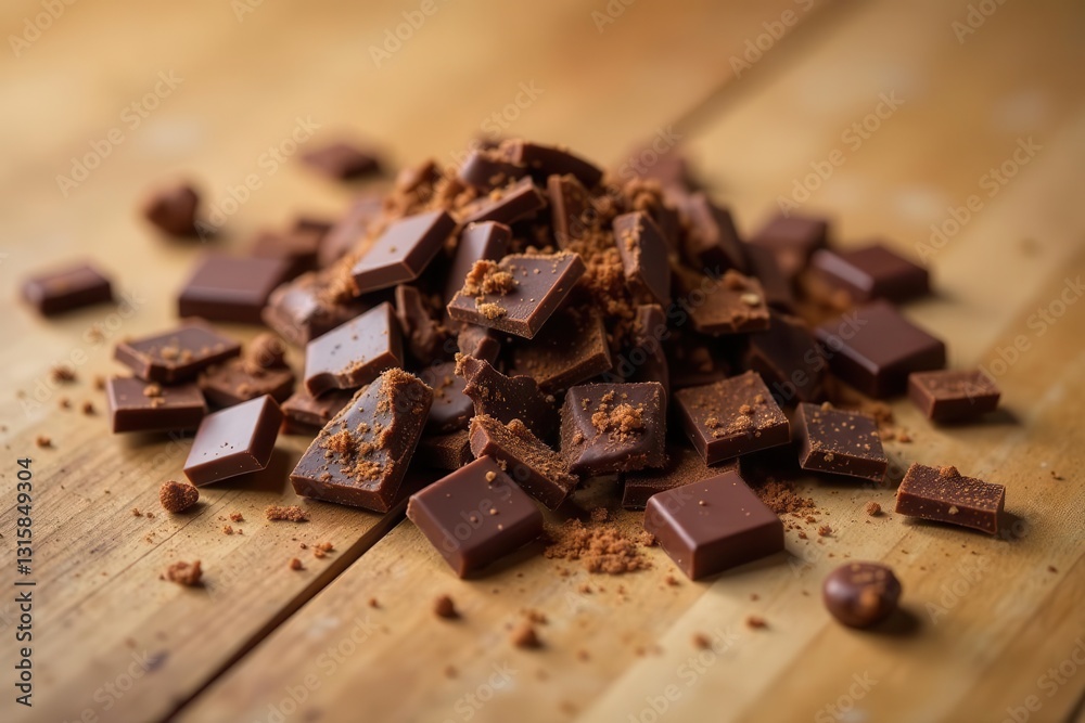A delectable mound of broken dark chocolate pieces rests on a rustic wooden surface, scattered with cocoa powder remnants, creating a tempting and visually rich image of sweet indulgence. A delectable mound of broken dark chocolate pieces rests on a rustic wooden surface, scattered with cocoa powder remnants, creating a tempting and visually rich image of sweet indulgence.