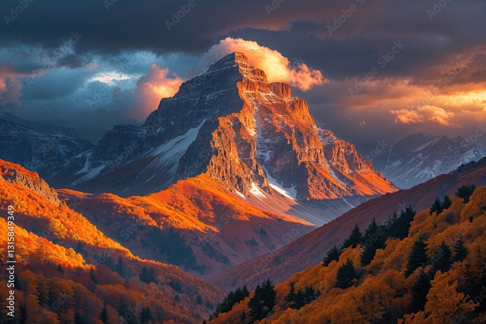 Fototapeta premium Timpanogos Mountain Glows with Vibrant Autumn Colors After Rain Clouds Clear