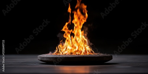 Fiery flames rising from a stone bowl against a dark background, fire pit concept.