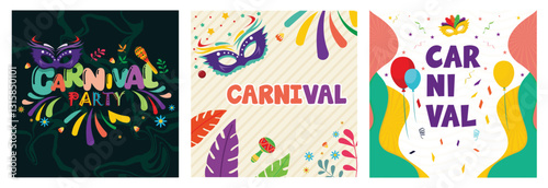 Colorful Carnival party posters with masks, balloons, and festive decorations.