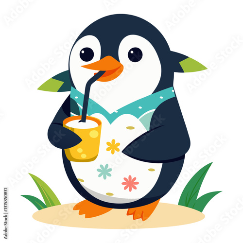 A penguin wearing a Hawaiian shirt and sipping a coconut drink on the beach.