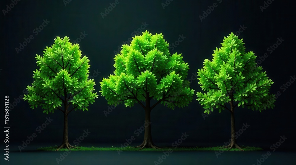 Obraz premium Vibrant green trees stand majestically against a dark backdrop, showcasing the beauty of nature in a minimalist composition.