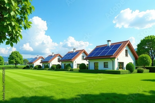 Wallpaper Mural Eco-Friendly Suburban Homes with Solar Panels on a Lush Green Lawn under a Bright Sunny Sky Torontodigital.ca
