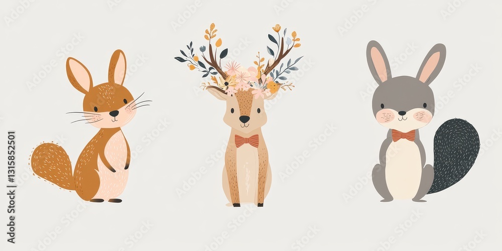 Cute woodland animals with floral headwear Cute woodland animals with floral headwear