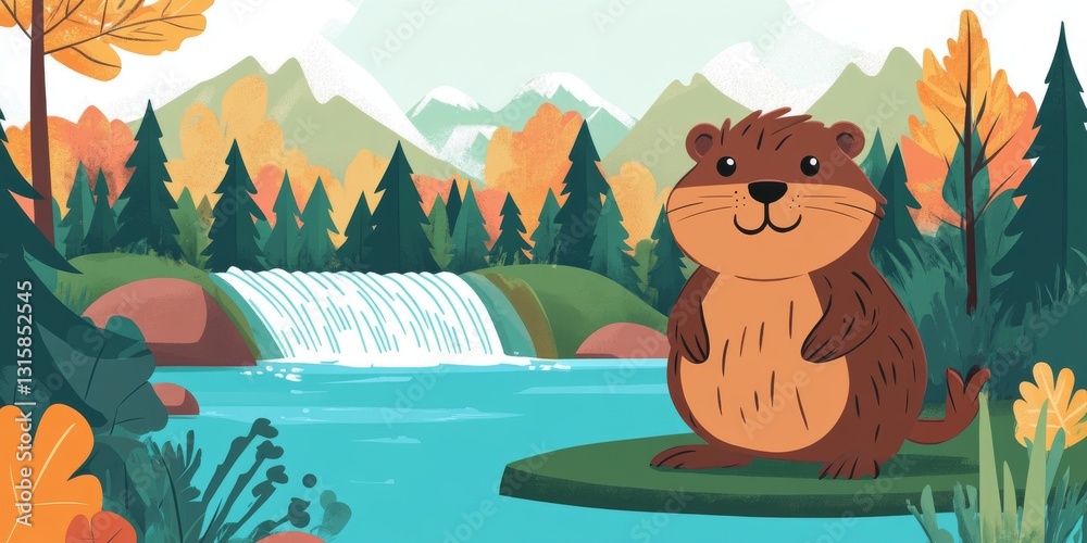 Naklejka premium Cute groundhog in a serene autumnal forest scene