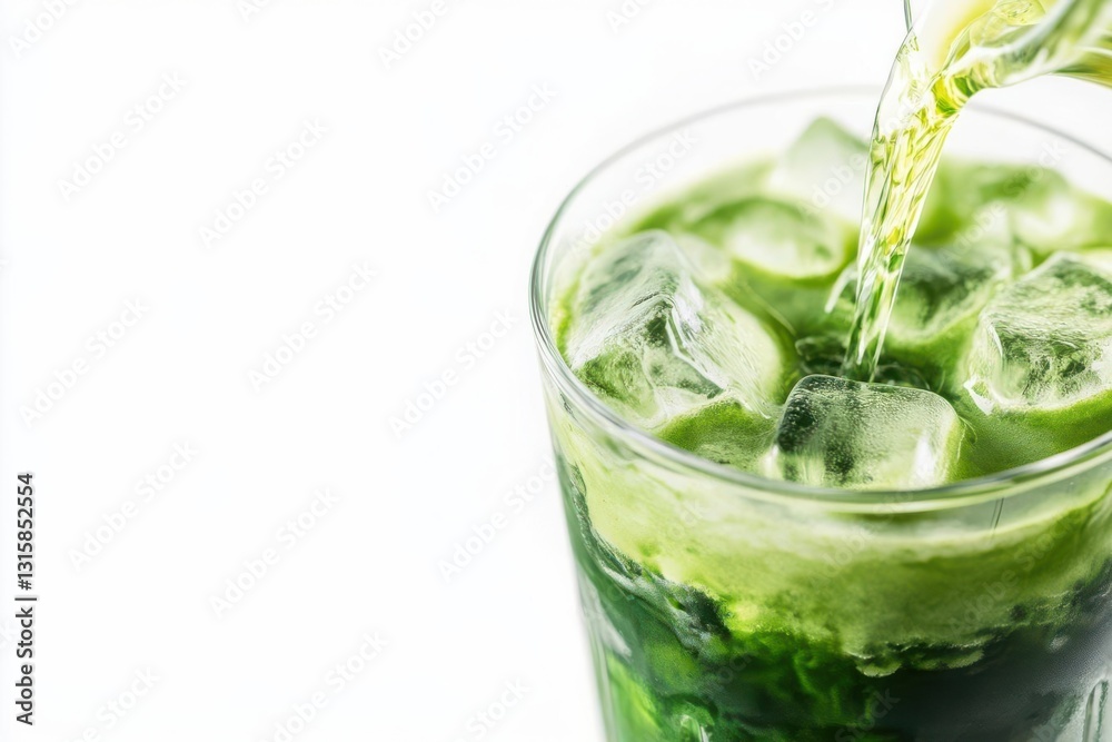 Refreshing green beverage being poured over ice in a clear glass against a white background Refreshing green beverage being poured over ice in a clear glass against a white background