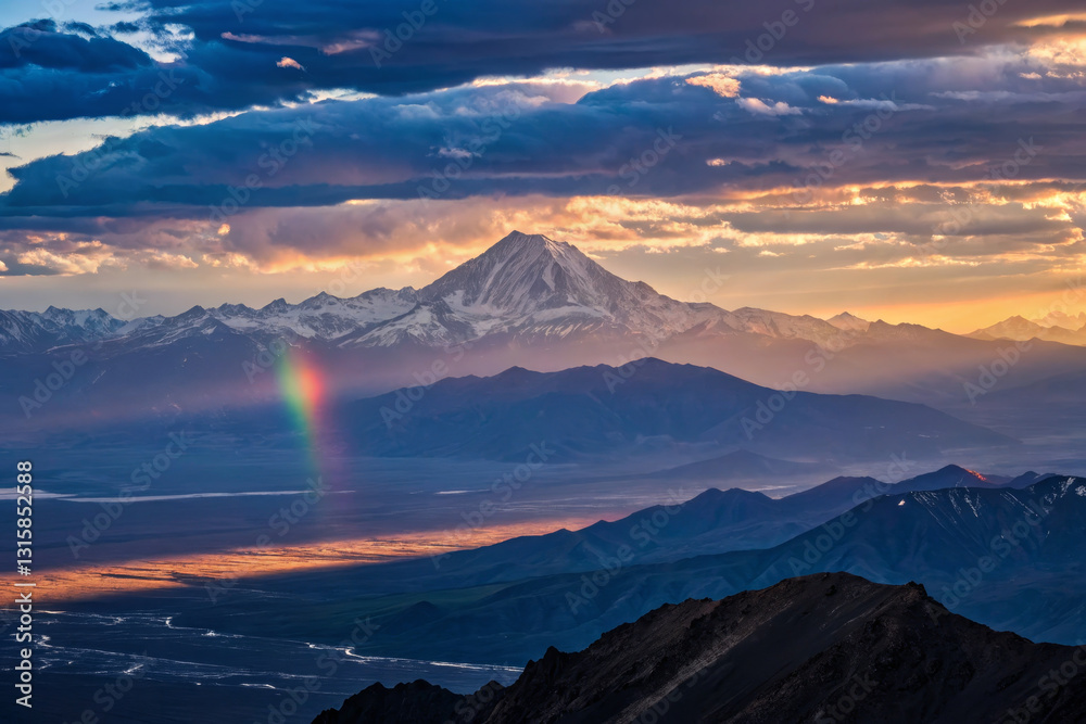 Breathtaking mountain landscape with rainbow, dramatic clouds, and sunset hues. majestic peak stands tall against colorful sky, showcasing nature beauty Breathtaking mountain landscape with rainbow, dramatic clouds, and sunset hues. majestic peak stands tall against colorful sky, showcasing nature beauty