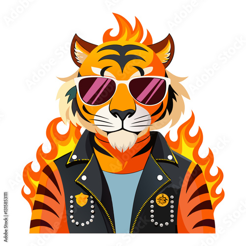 A tiger in flaming sunglasses and a rockstar leather vest