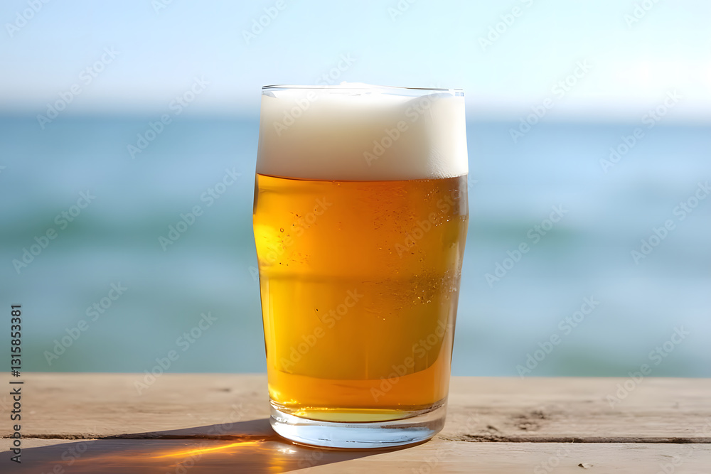 beer in a clear glass on a wooden table with the sea in the background at sunset beer in a clear glass on a wooden table with the sea in the background at sunset