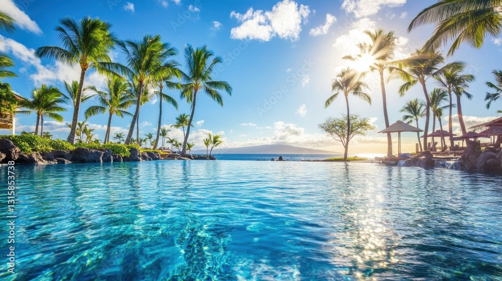 Serene Tropical Pool with Palm Trees and Scenic Ocean View Serene Tropical Pool with Palm Trees and Scenic Ocean View