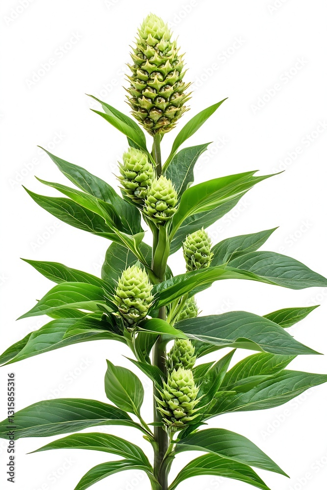 Fototapeta premium Stunning Green Pineapple Plant with Flower Buds Captured Against a Clean White Backdrop : Generative AI