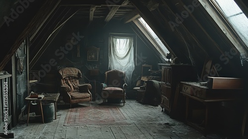 Dusty attic with antique furniture and vintage rug. Ideal for horror, mystery, or historical themes, evokes feelings of age and neglect.