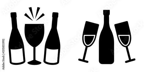 A silhouette of a wine bottle and two glasses clinking together on white background.