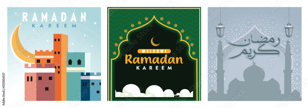 Fototapeta premium Beautiful Ramadan Kareem designs featuring Islamic art and festive illustrations.