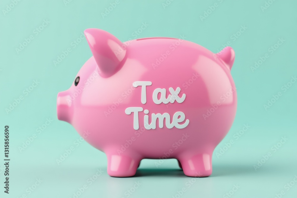 Obraz premium A Cute Pink Piggy Bank with 'Tax Time' Inscription Against a Calm Teal Background, Symbolizing Savings and Financial Planning During Tax Season