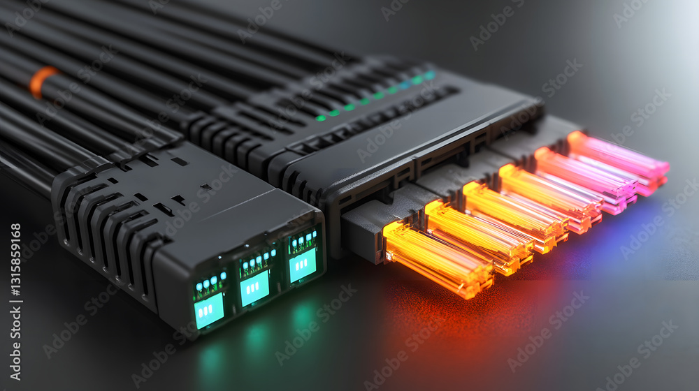 Fiber Optic cables connected to optic ports and Network cables connected to ethernet ports - Connecting fiber optic and network cables to respective ports Fiber Optic cables connected to optic ports and Network cables connected to ethernet ports - Connecting fiber optic and network cables to respective ports