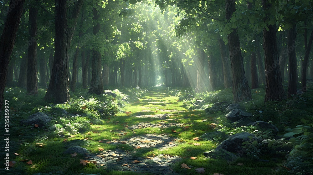 Fototapeta premium A mesmerizing view of a thick woodland, where sunlight seeps through foliage, creating speckled patterns on ground and beckoning observers to immerse themselves in essence of natural world