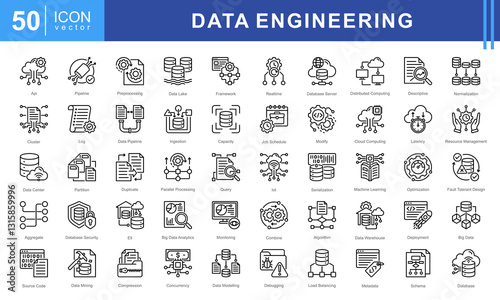 Data Engineering icon set featuring icons for data processing, pipelines, cloud computing, machine learning, and big data management. Ideal for IT, analytics, and database infrastructure projects.