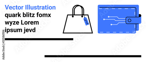 Shopping bag with price tag and digital wallet with circuit design representing online shopping, e-payments, and digital transactions. Ideal for e-commerce, technology, retail, fintech, security