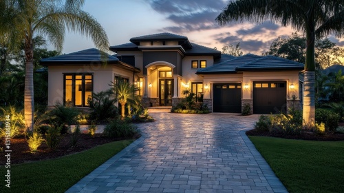 Luxury beachfront home at dusk, palm trees and lighting enhance its appeal. Showcase elegant architecture and landscaping for real estate or luxury lifestyle marketing.