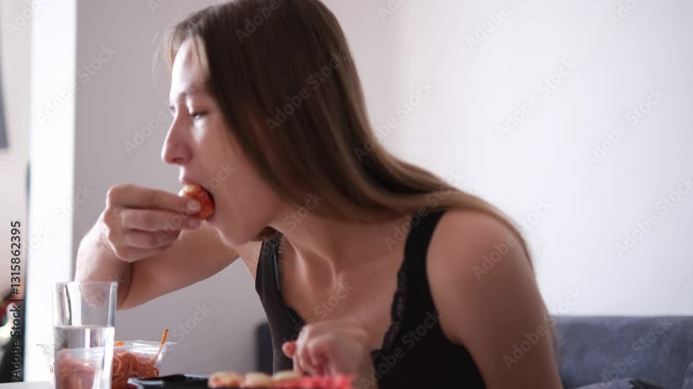 Young attractive woman enjoying asian food at home. Asian food concept. Part of series Young attractive woman enjoying asian food at home. Asian food concept. Part of series