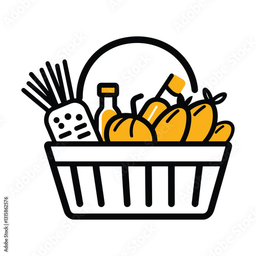 Simple Line Art of a Grocery Basket Filled with Fresh Food
