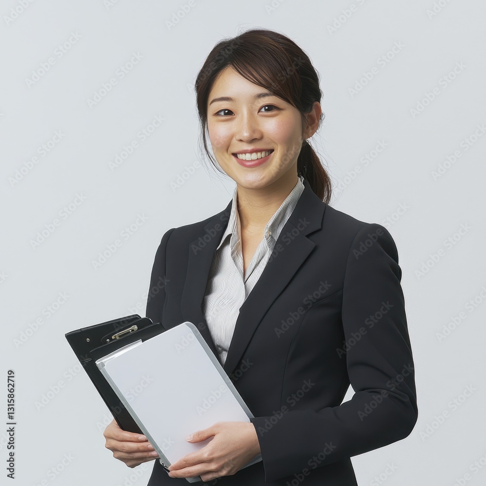a young smiling woman in business attire holding documents. a young smiling woman in business attire holding documents.