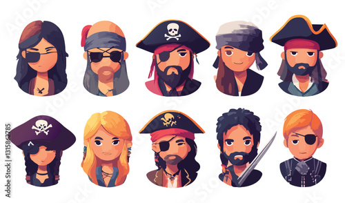 minimalist 2D vector set of pirate avatars, featuring individuals wearing eye patches, hats, and holding swords.