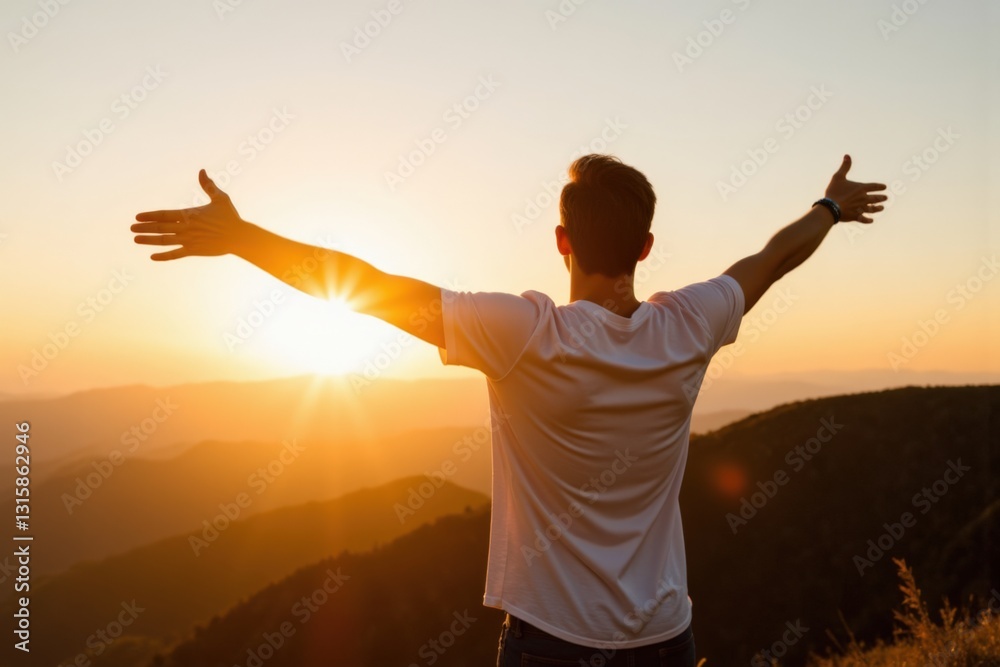 A Young Adult Male Enjoys a Breathtaking Sunset View from a Mountain Ridge, Embracing Nature and the Peaceful Moment with Outstretched Arms A Young Adult Male Enjoys a Breathtaking Sunset View from a Mountain Ridge, Embracing Nature and the Peaceful Moment with Outstretched Arms