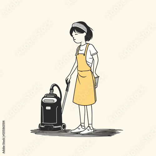 Cleaning Lady Standing with a Vacuum – Minimalist Illustration
