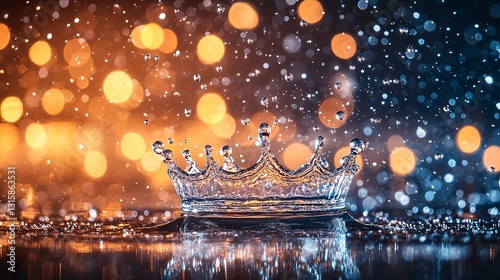 Water Splash Crown with Bokeh Background and Glittering Lights