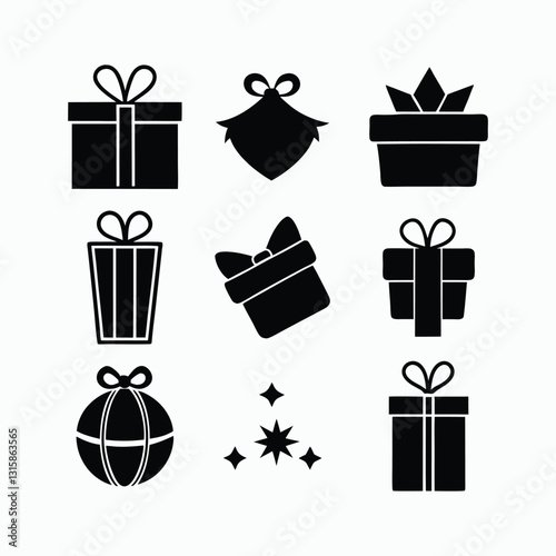 Christmas and new year silhouette gift box icon set vector art illustrations.