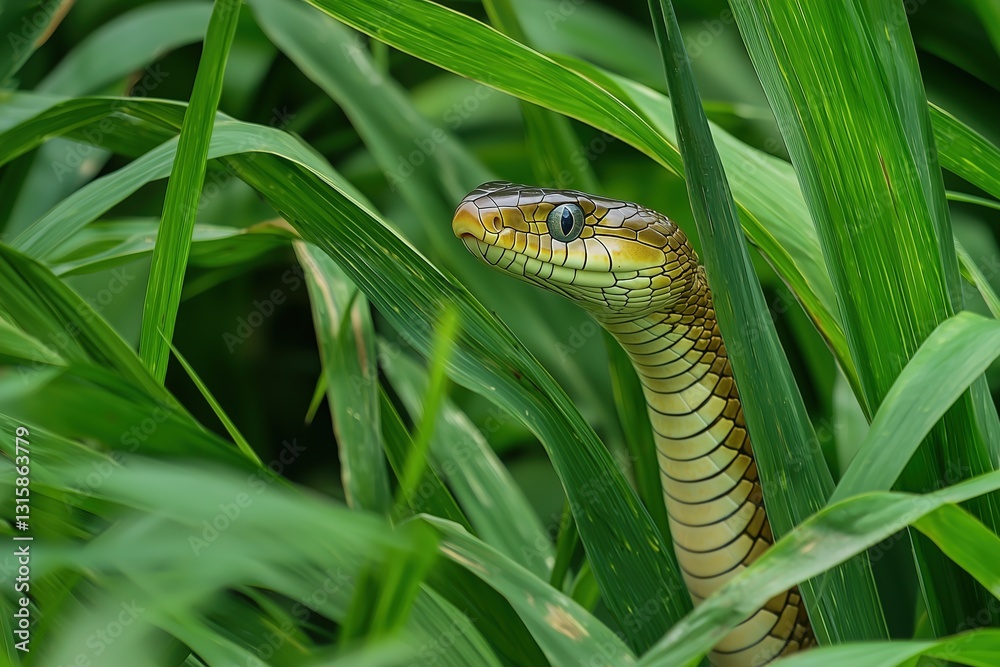 Green Snake Peeking Out from Tall Green Grass, Wildlife in Nature