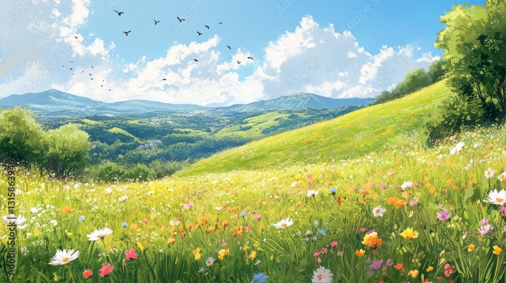 Fototapeta premium A lush green spring hillside with colorful blossoms and birds flying overhead 