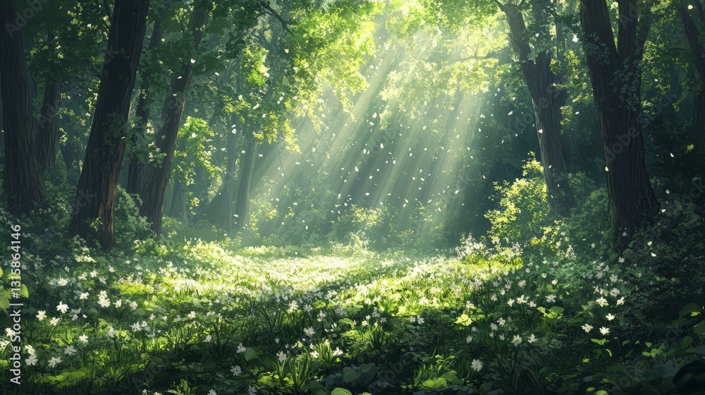 Obraz premium A lush spring forest with sunlight streaming through the trees, fresh green leaves everywhere