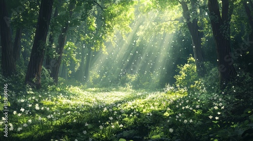 A lush spring forest with sunlight streaming through the trees, fresh green leaves everywhere 