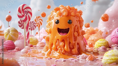 Cute Orange Character with Candy and Whimsical Background Scene