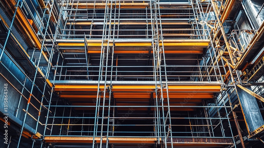 Steel Beams and Metal Scaffolding in Construction Zone Perspective Steel Beams and Metal Scaffolding in Construction Zone Perspective