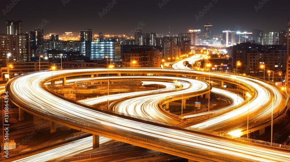 Illuminated Urban Highway Network at Night with Busy Traffic Flow and Skyscrapers in the Background Creating a Vibrant Cityscape Scene