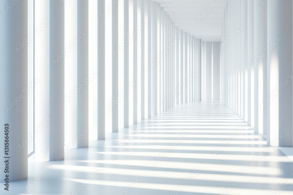 Bright and Spacious Hallway with Vertical Columns and Soft Shadows Bright and Spacious Hallway with Vertical Columns and Soft Shadows