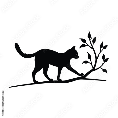 Cat Walking Along a Narrow Branch with Careful Step Silhouette