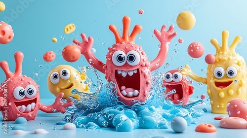 Colorful Cartoon Monsters Splashing in Water with Playful Expressions