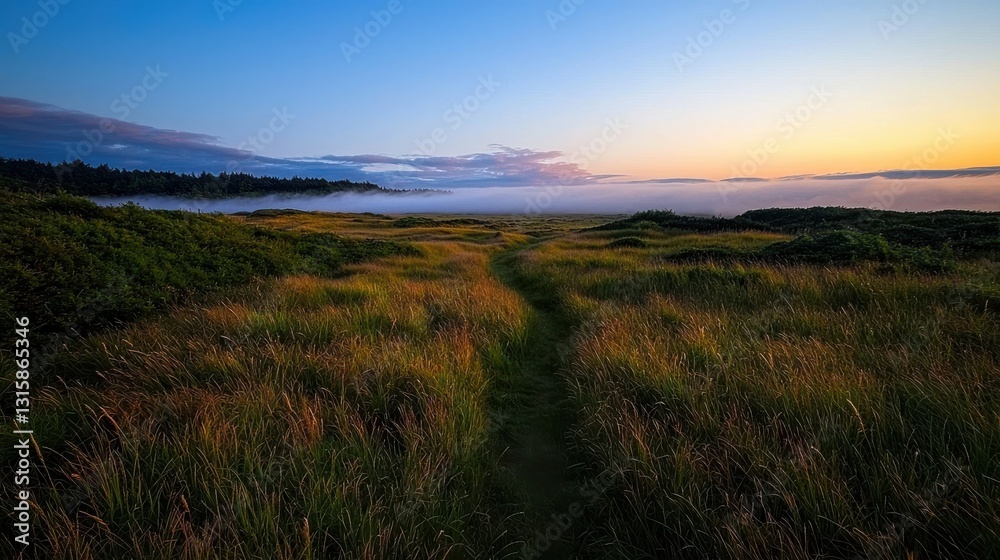 Misty Sunrise Over Tall Grass Pathway Leading to a Serene Dawn Scene Misty Sunrise Over Tall Grass Pathway Leading to a Serene Dawn Scene