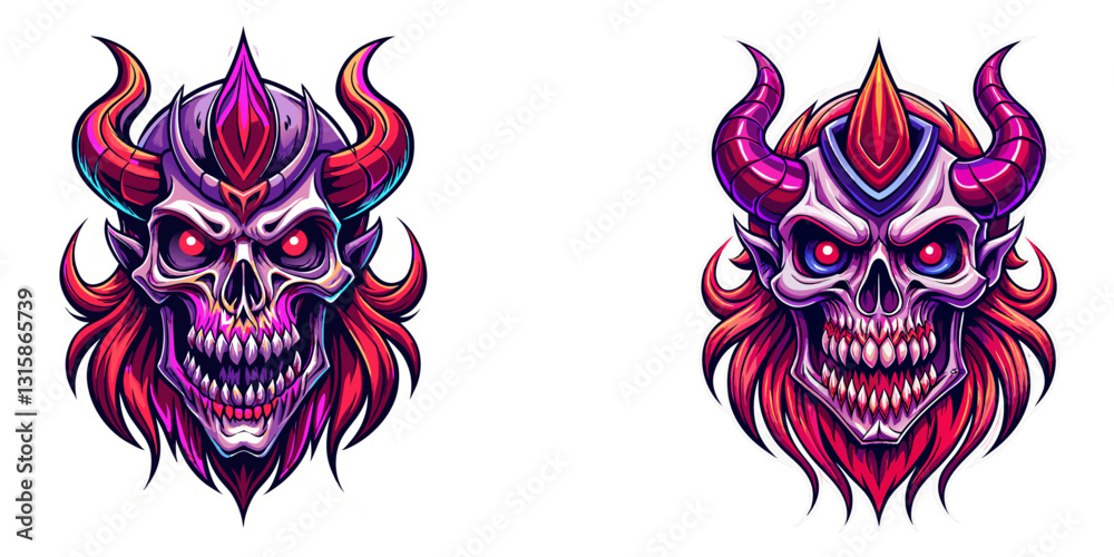 Obraz premium A grinning abstract skull with twisted horns, sketchy bold lines, and a dark fantasy mix of black, dark purple, and crimson red