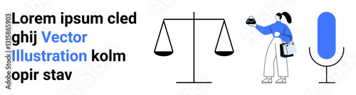 Woman holding clipboard and balance weights next to a scale and microphone, conveying fairness, decision-making, communication. Ideal for law, justice, equality, conversation, productivity civic