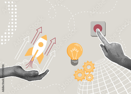 Trendy halftone collage. Concept of starting a new business, fast start,strive to win, ignite growth, launch your ideas. Hand presses start button for quick start of new business