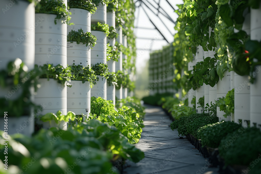 Fototapeta premium Sustainable Vertical Farming, A Modern Greenhouse Cultivating Fresh Produce