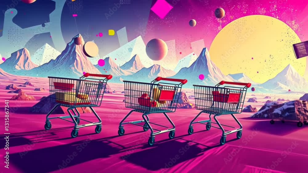 Retro Futuristic Pink Landscape with Shopping Carts Under a Large Moon and Mountain Range with Scattered Confetti in a Digital Art Style