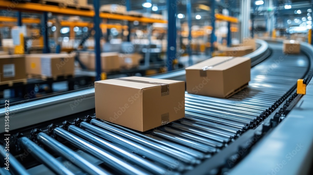 Cardboard boxes move on a conveyor belt in a warehouse. Illustrates efficient logistics and product distribution. Cardboard boxes move on a conveyor belt in a warehouse. Illustrates efficient logistics and product distribution.