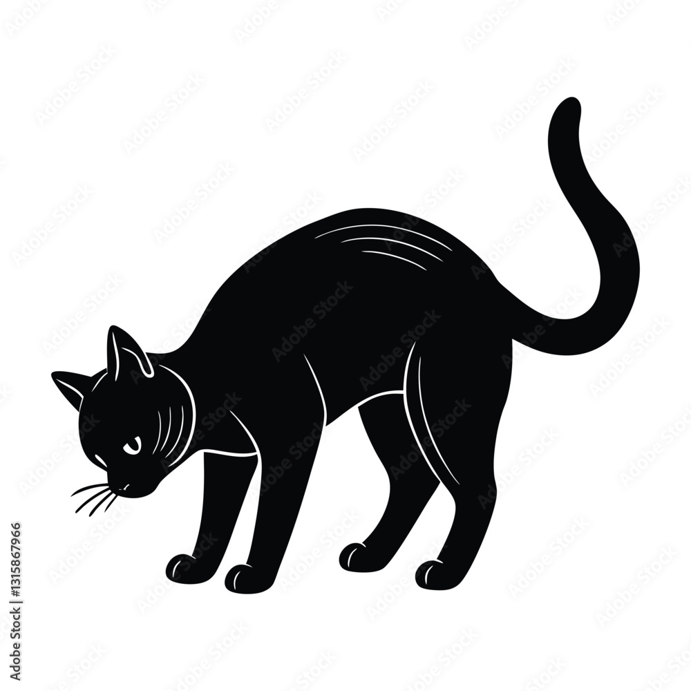 Obraz premium Curious Cat Sniffing the Ground with Head Lowered in Silhouette